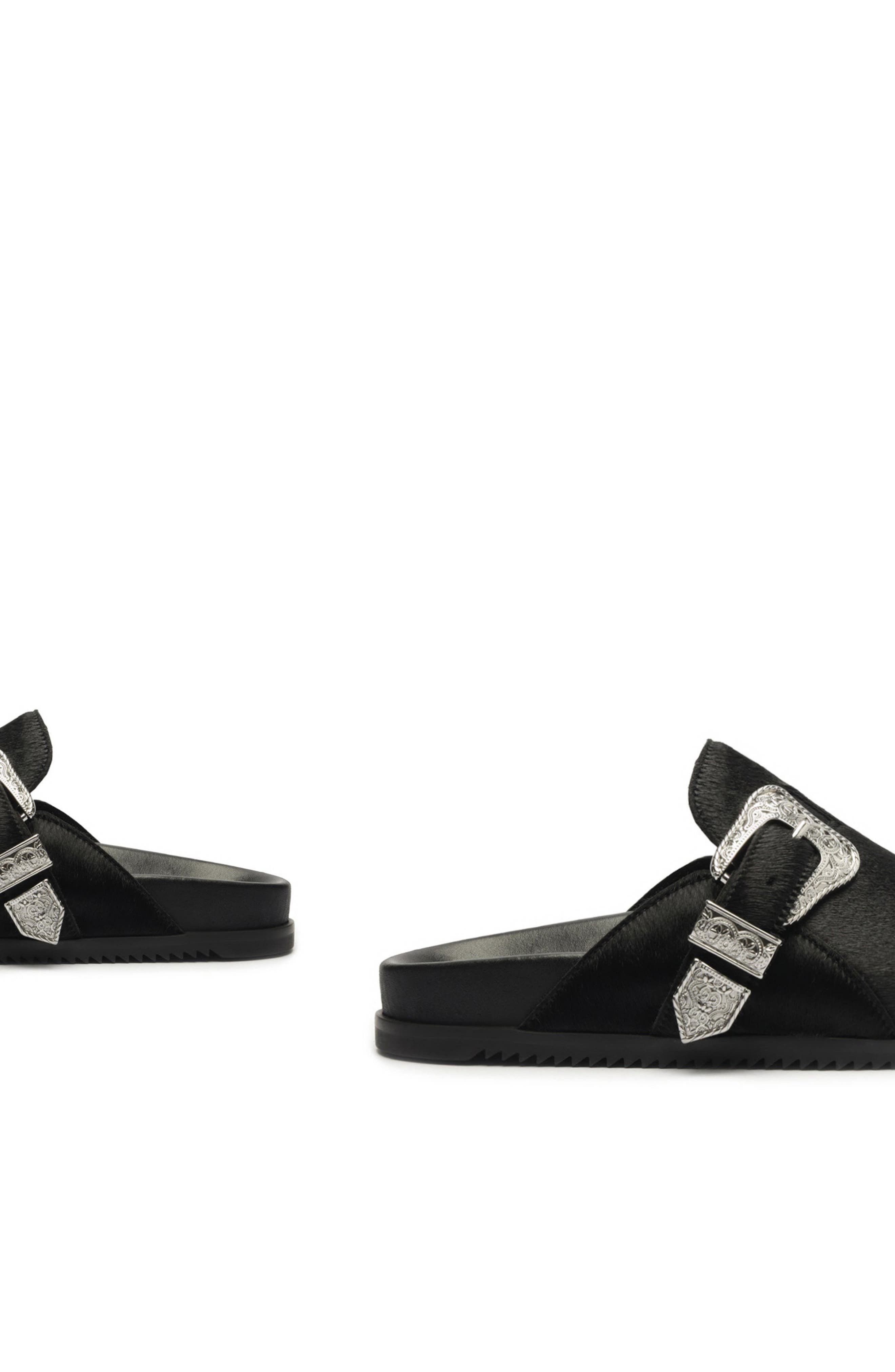 Schutz Grace Buckle Genuine Calf Hair Clog, Alternate, color, Black