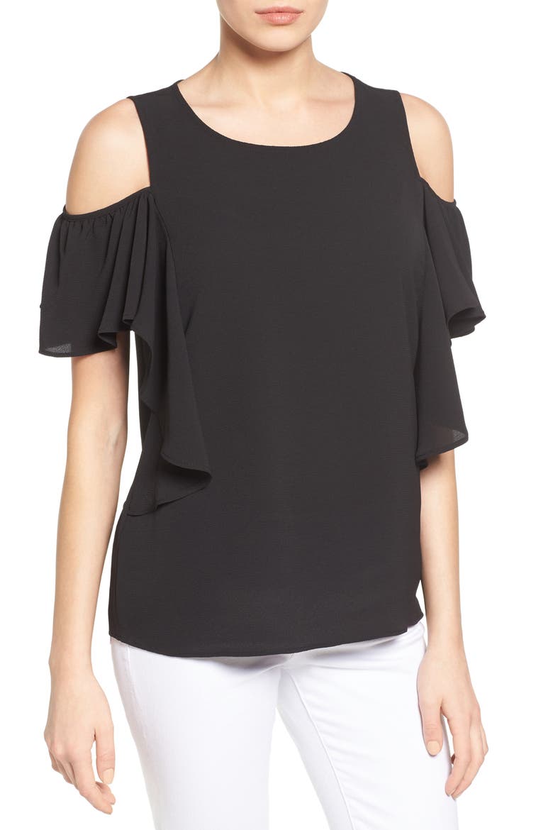 Cold Shoulder Ruffle Sleeve Top, Main, color, BLACK
