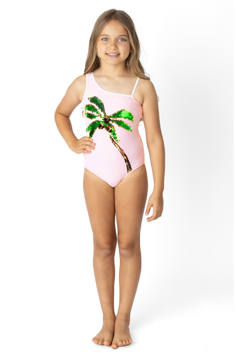 Kids' Sequin Palm One-Piece Swimsuit, Alternate, color, PINK