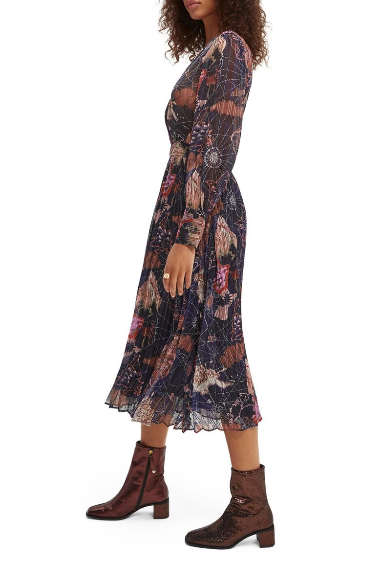 Scotch & Soda Printed Pleated Long Sleeve Midi Shirtdress, Alternate, color, 