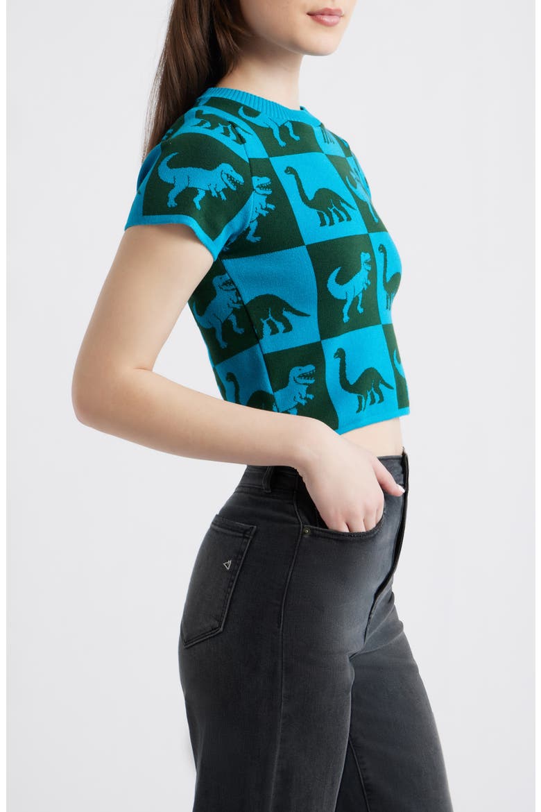 Dino Drama Sweater, Alternate, color, DARK GREEN AND BLUE CHECK
