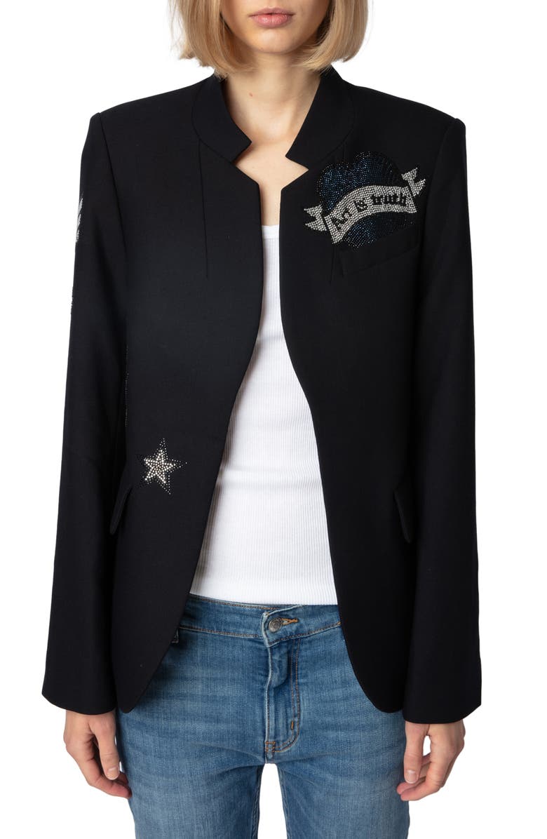 Zadig & Voltaire Very Bis Multistrass Open Front Blazer, Main, color, Encre