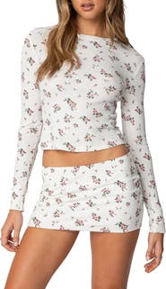 EDIKTED Melany Floral Waffle Long Sleeve T-Shirt
