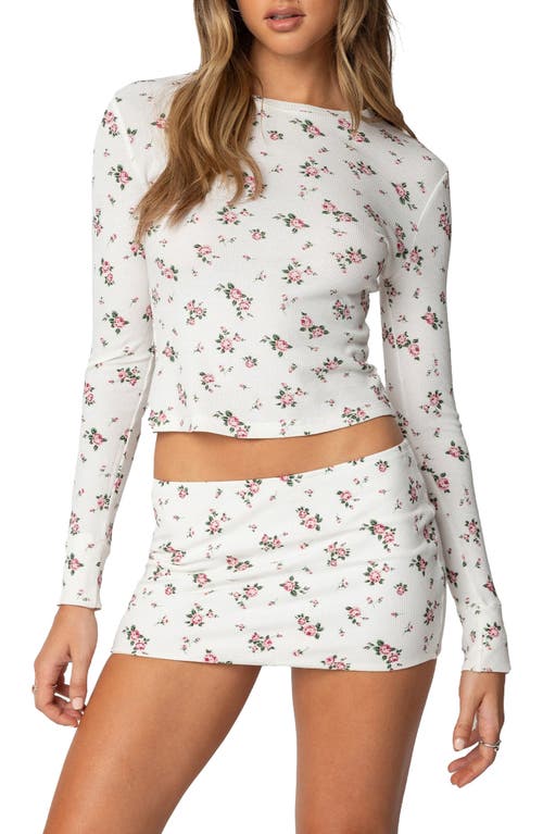 Shop Edikted Melany Floral Waffle Long Sleeve T-shirt In Cream