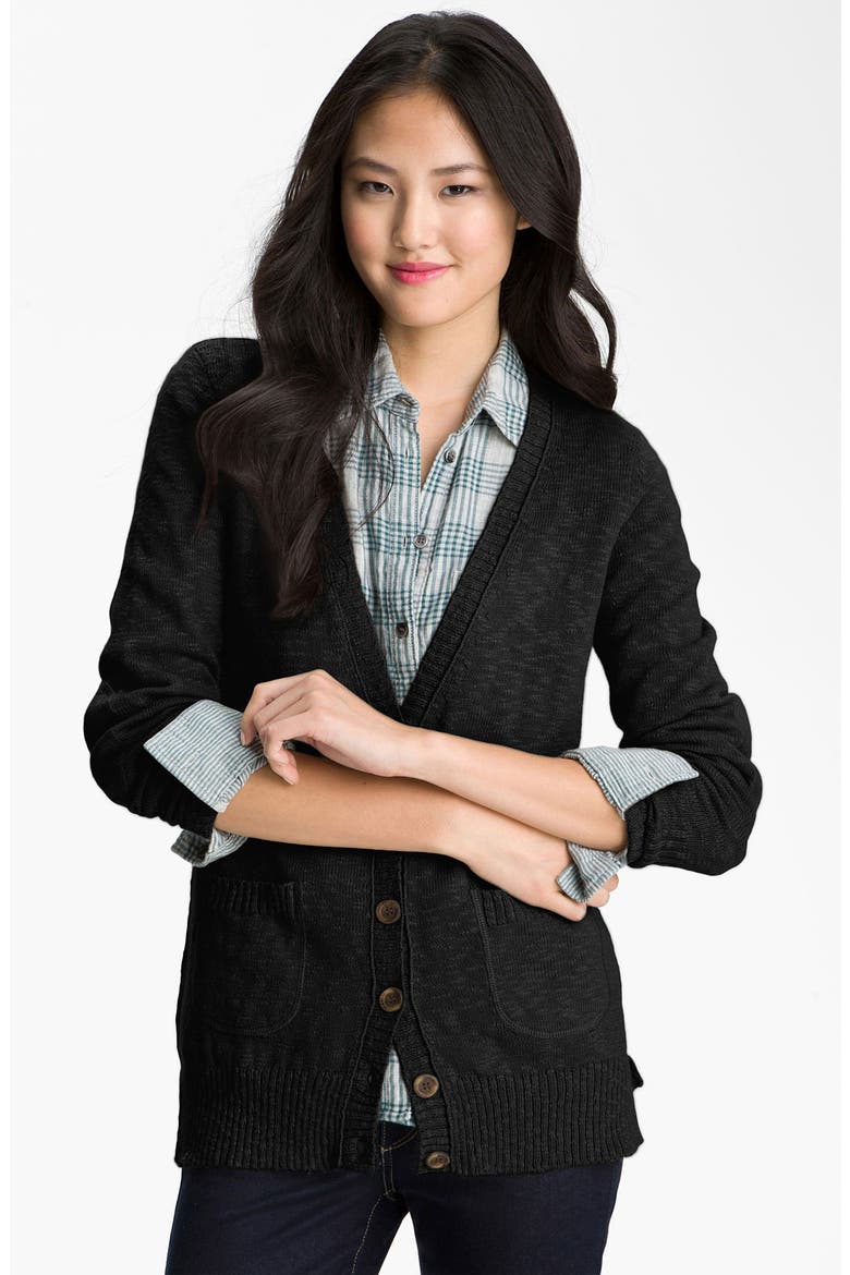 Slub Knit Button Front Cardigan, Main, color, BLACK