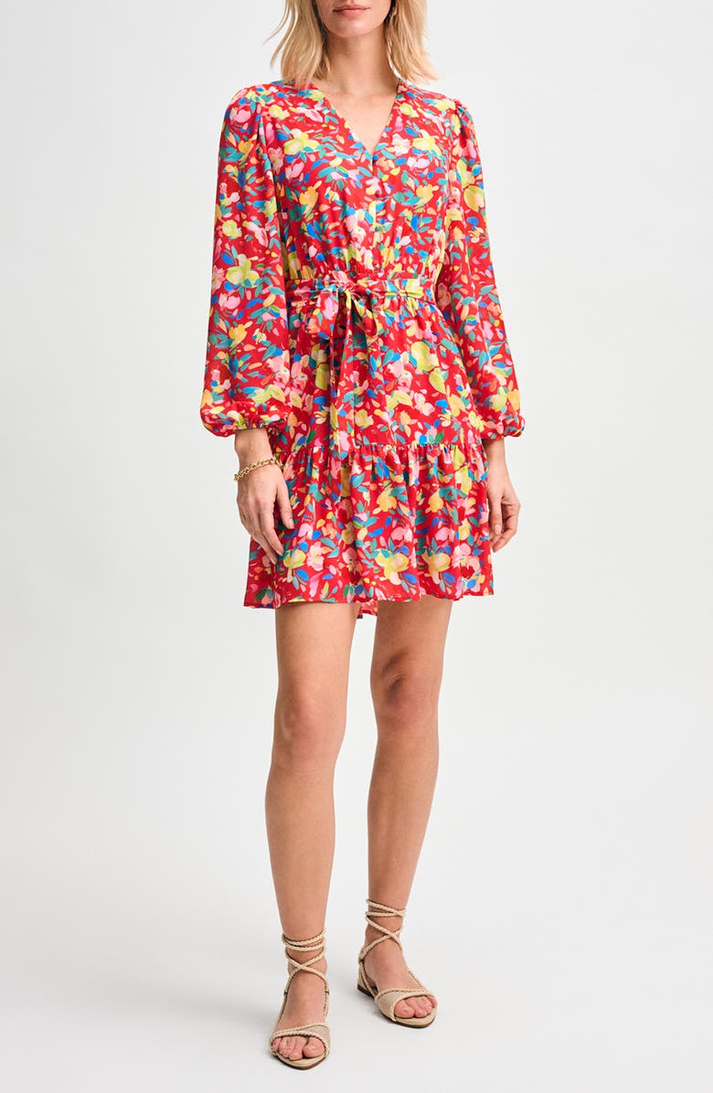 Isaac Mizrahi New York Floral Print Tie Waist Long Sleeve Minidress, Main, color, 