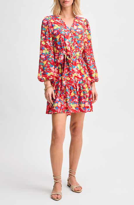 Isaac Mizrahi New York Floral Print Tie Waist Long Sleeve Minidress
