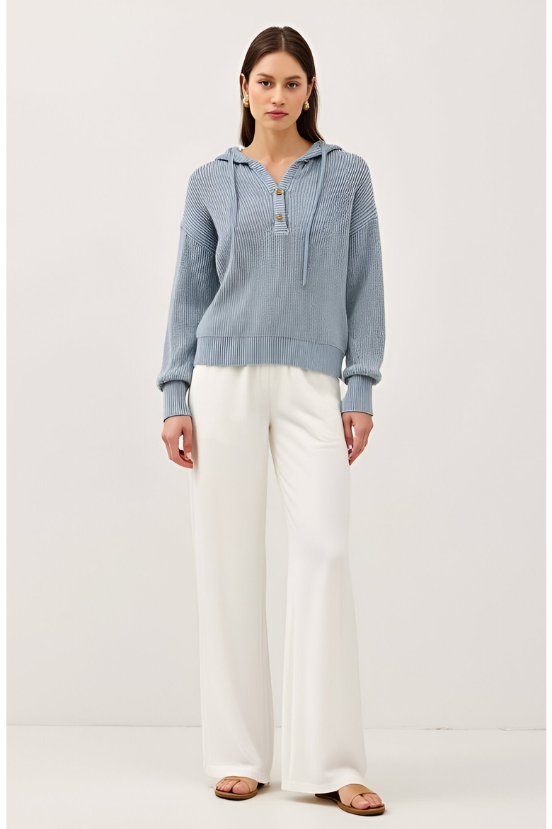Knit Button Front Hoodie with Ribbed Hem and Drop Shoulders, Alternate, color, Light Beige