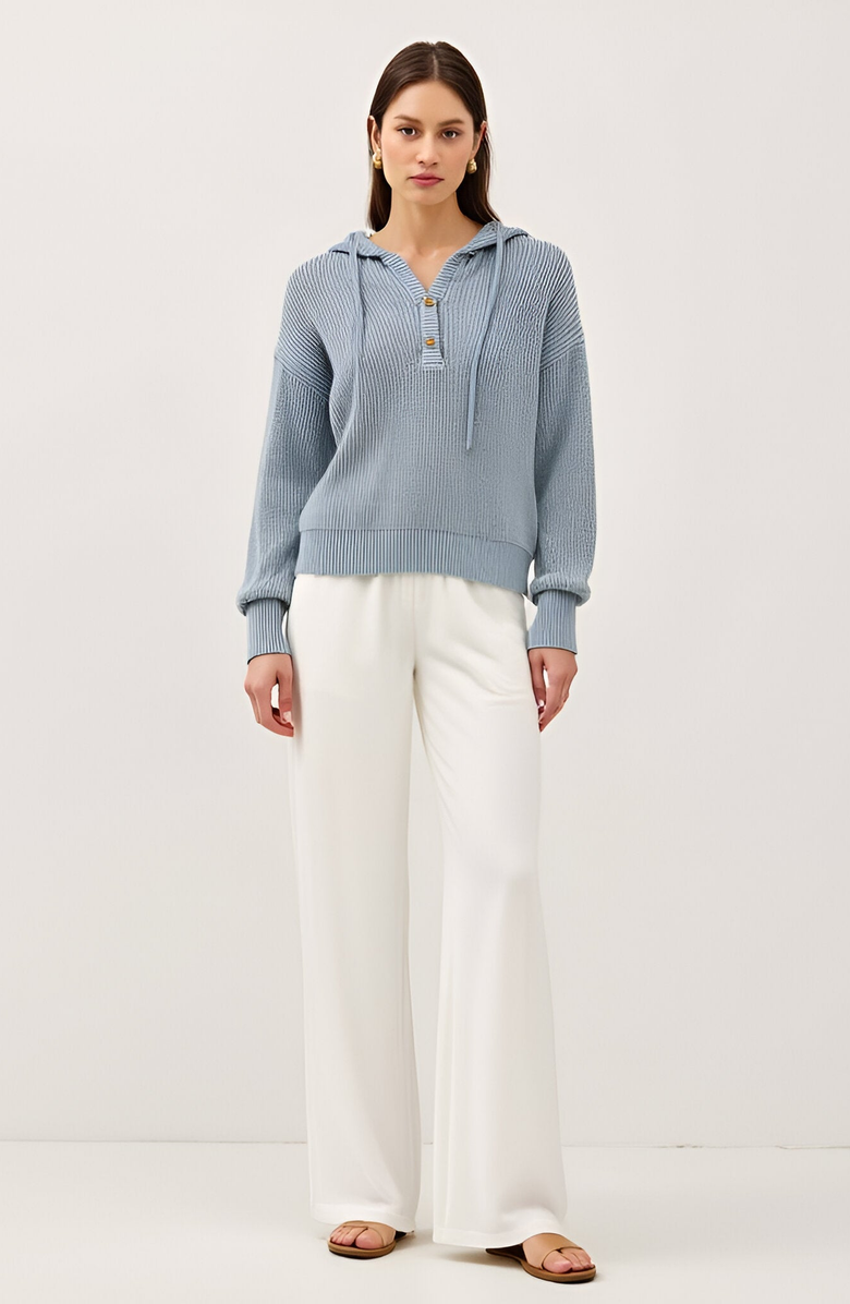 Modenaire Knit Button Front Hoodie with Ribbed Hem and Drop Shoulders, Alternate, color, Light Beige