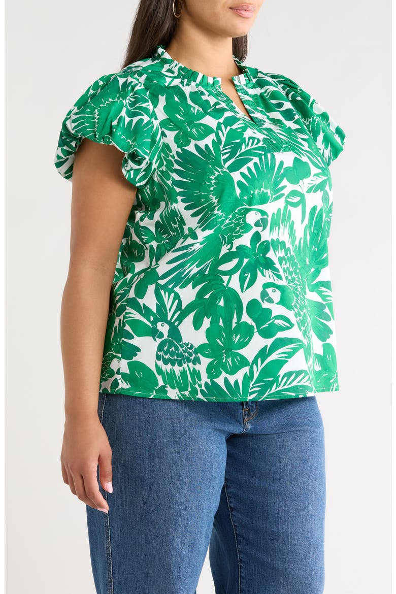 Masey Tropical Keni Split Neck Cotton Top, Alternate, color, WHITE- GREEN