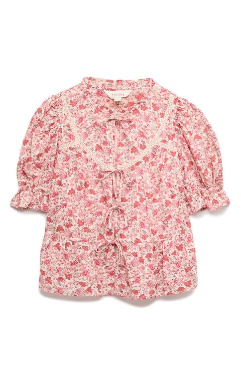 Floral Lace Inset Tie Front Top