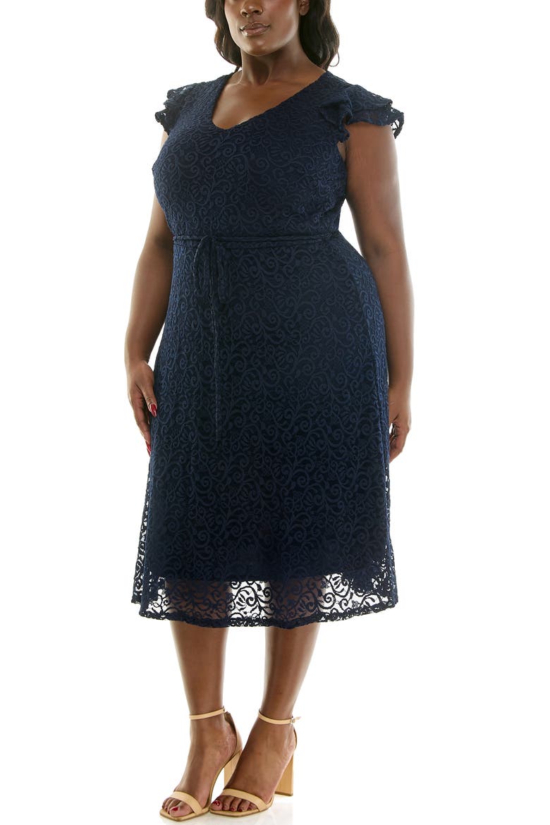 Lace Fit & Flare Dress, Alternate, color, NAVY