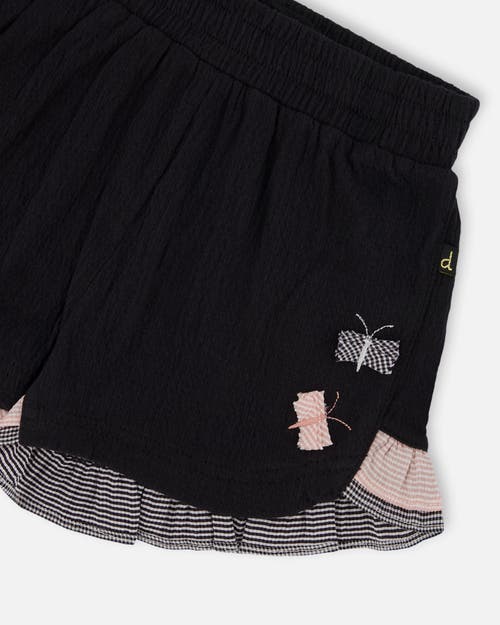 Deux Par Deux Little Girl's Crinkle Short With Frills Black And Butterflies In Black And Butterflies