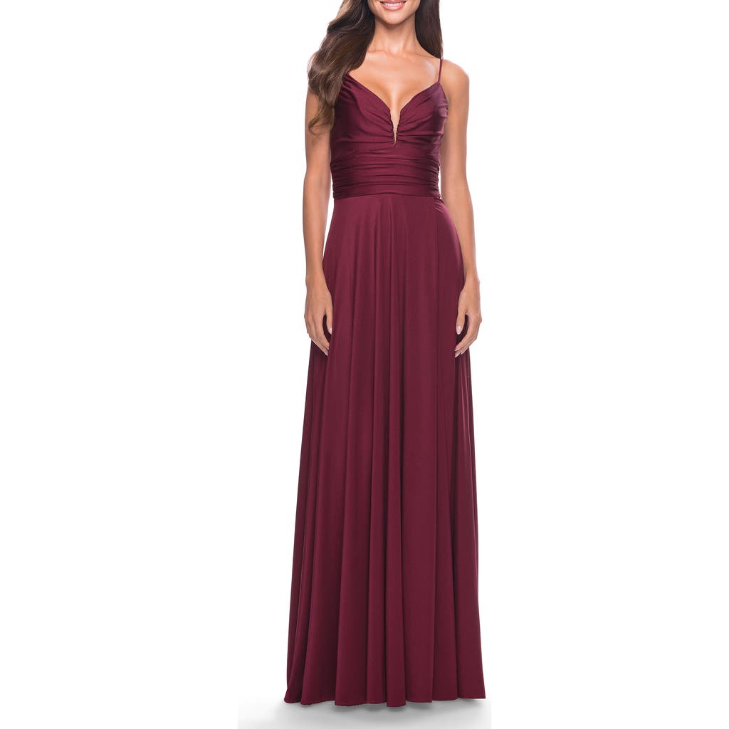 La Femme Versatile Long Jersey Gown With V And Slit In Dark Berry