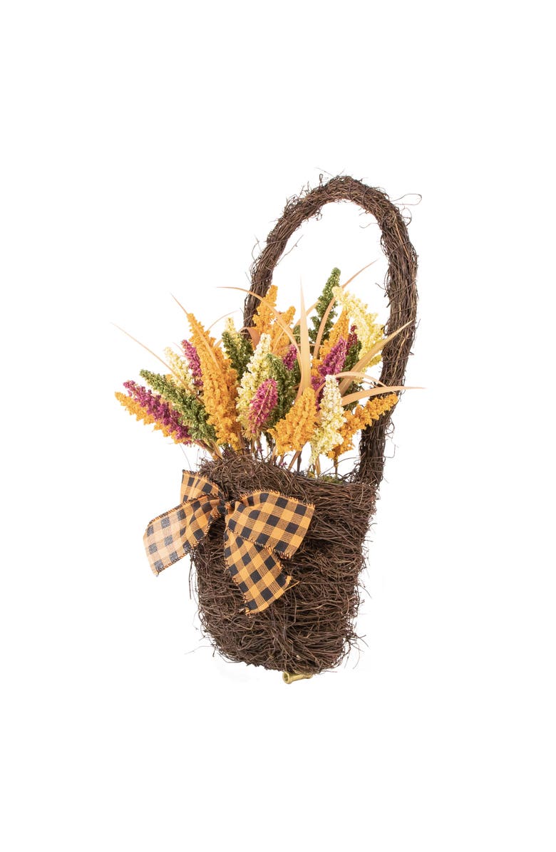 Northlight Autumn Harvest Hanging Basket with Artificial Foliage and Checkered Bow - 22", Alternate, color, 