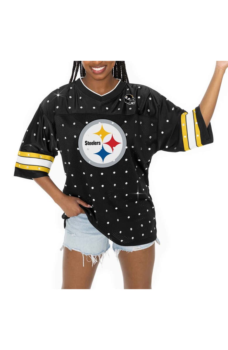 GAMEDAY COUTURE Women's Gameday Couture Black Pittsburgh Steelers Kickoff Time Allover Rhinestone Sports Stripe Jersey V-Neck T-Shirt, Alternate, color, 