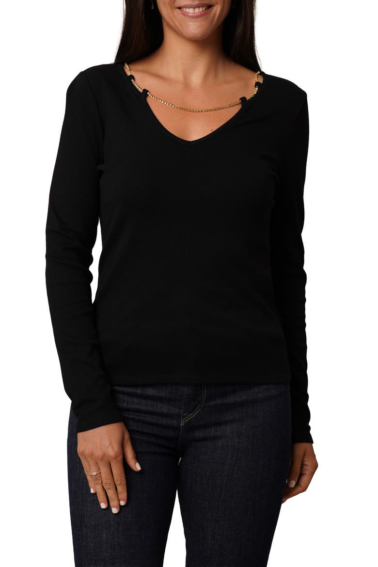 Rhinestone Chain V-Neck Top, Main, color, BLACK
