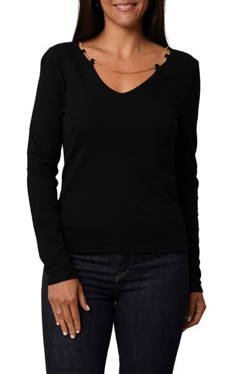 Cyrus Rhinestone Chain V-neck Top In Black