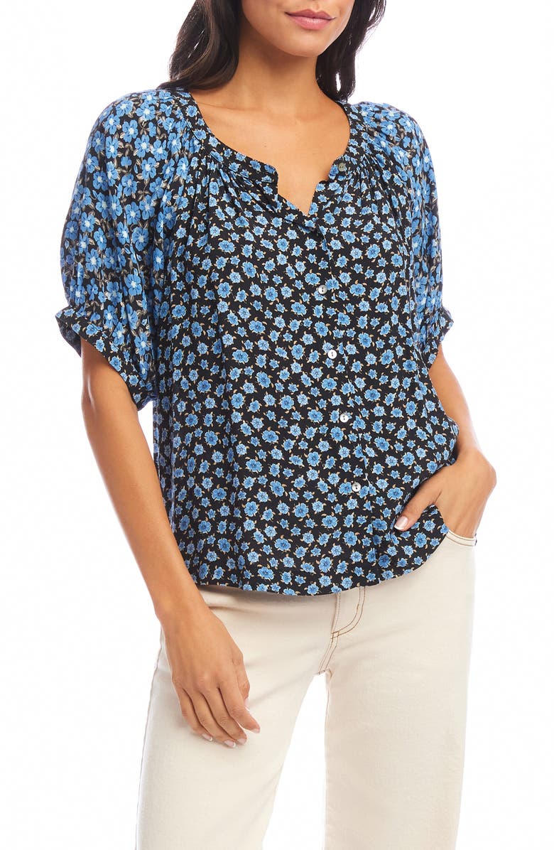 Karen Kane Contrast Short Sleeve Button-Up Peasant Top, Main, color,