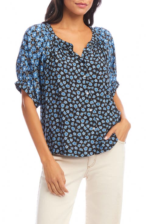 Contrast Short Sleeve Button-Up Peasant Top