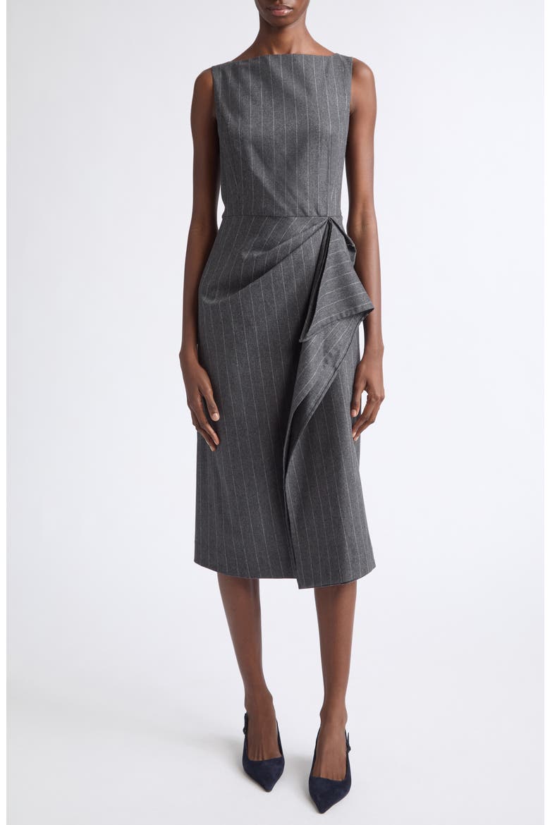 Sleeveless Pinstripe Stretch Virgin Wool & Cashmere Draped Pencil Dress, Main, color, CHARCOAL