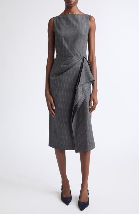 Sleeveless Pinstripe Stretch Virgin Wool & Cashmere Draped Pencil Dress