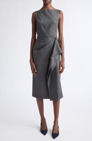 Oscar de la Renta Sleeveless Pinstripe Stretch Virgin Wool & Cashmere Draped Pencil Dress
