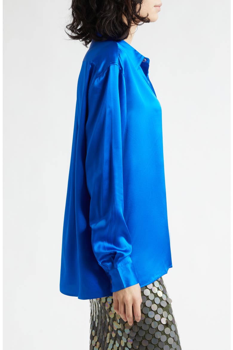 Jimmy Solid Silk Satin Button-Up Shirt, Alternate, color, COBALT
