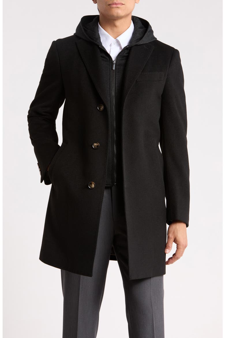 Wool Blend Topcoat with Removable Bib, Main, color, BLACK