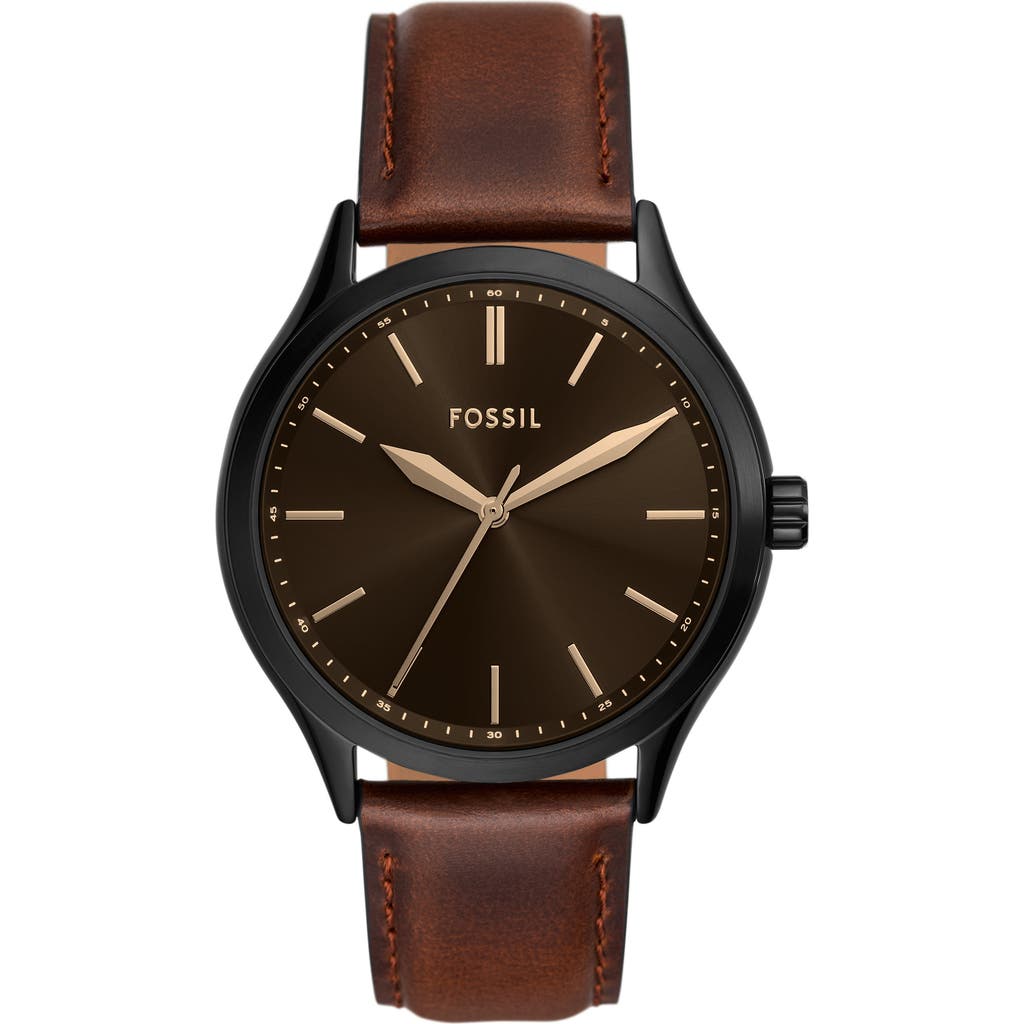 Fossil Fenmore Multifunction Leather Strap Watch, 44mm In Black