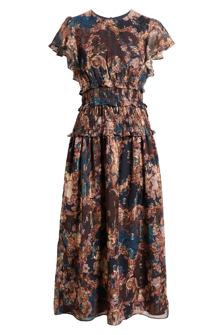 Metallic Floral Flutter Sleeve Midi Dress, Alternate, color, NAVY MULTI