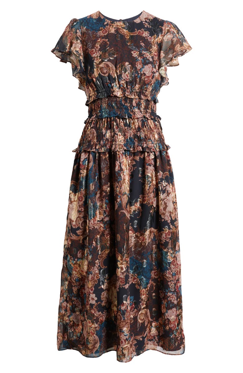 Eliza J Metallic Floral Flutter Sleeve Midi Dress, Alternate, color, Navy Multi