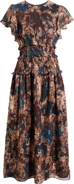 Eliza J Metallic Floral Flutter Sleeve Midi Dress