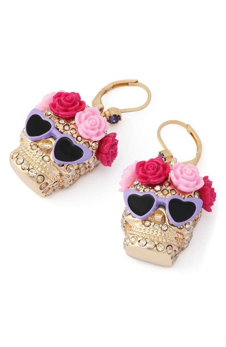 Betsey Johnson Flower Crown Skull Drop Earrings, Alternate, color, Pink