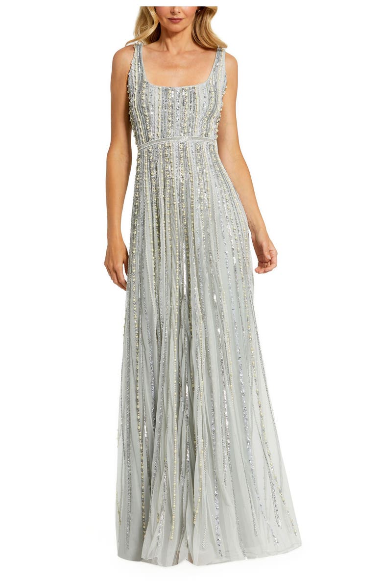 Mac Duggal Embellished A-Line Gown with Striped Details Dress, Main, color, Powder Blue