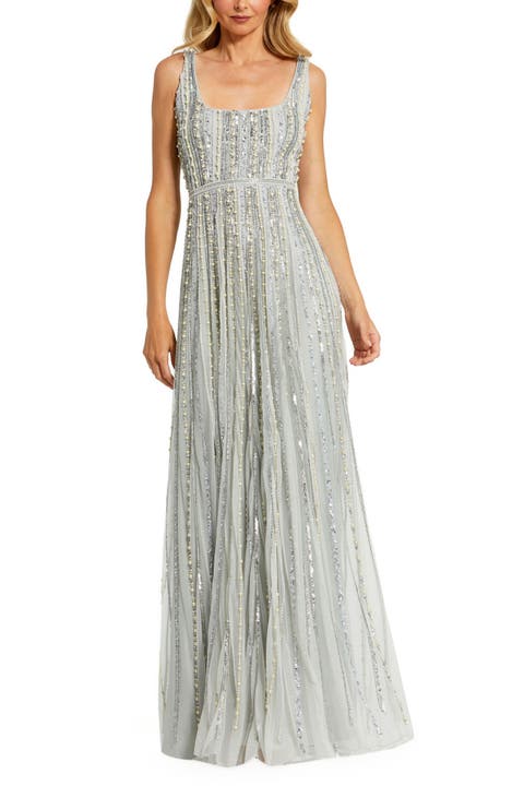 Embellished A-Line Gown with Striped Details Dress