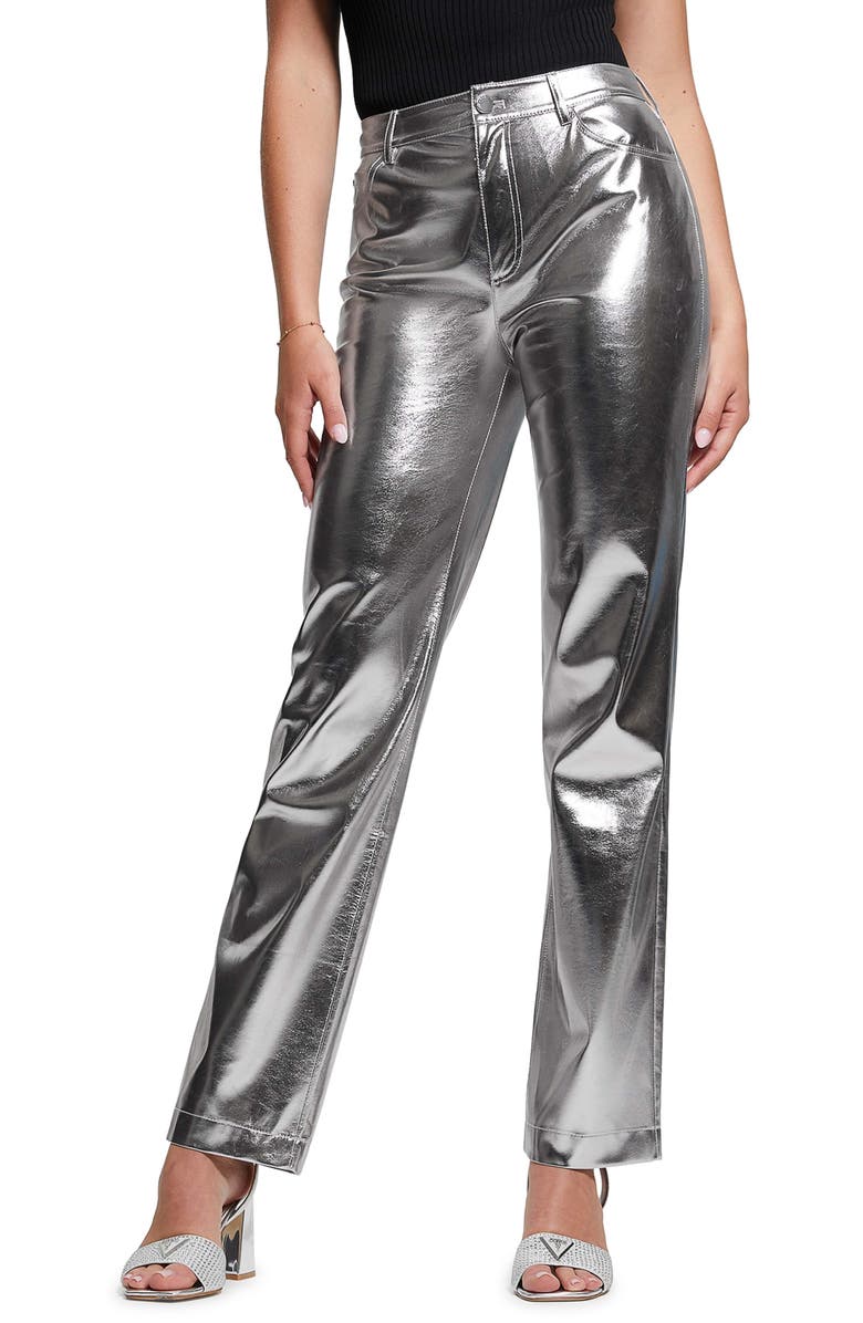 GUESS Ambra Metallic Faux Leather Straight Leg Pants, Main, color, 