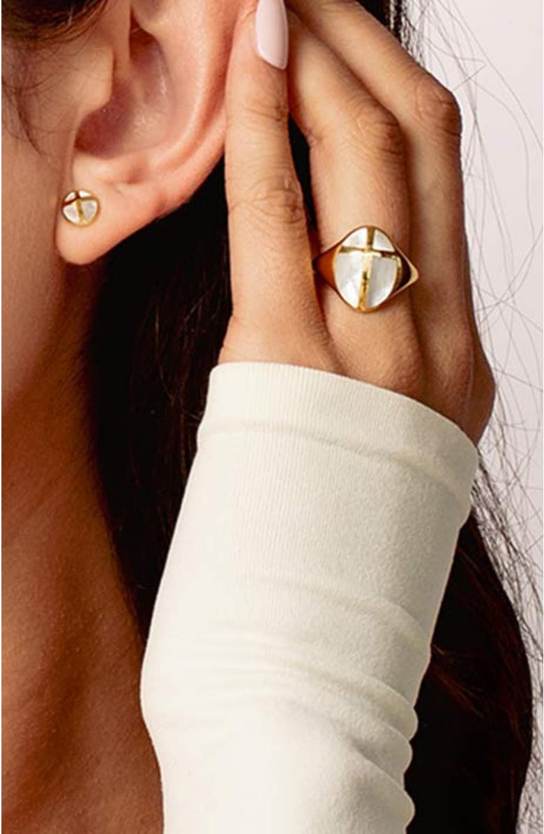 Rizen Jewelry Mother Of Pearl Cross Dome Stud Earrings, Alternate, color, 18K Gold Plated