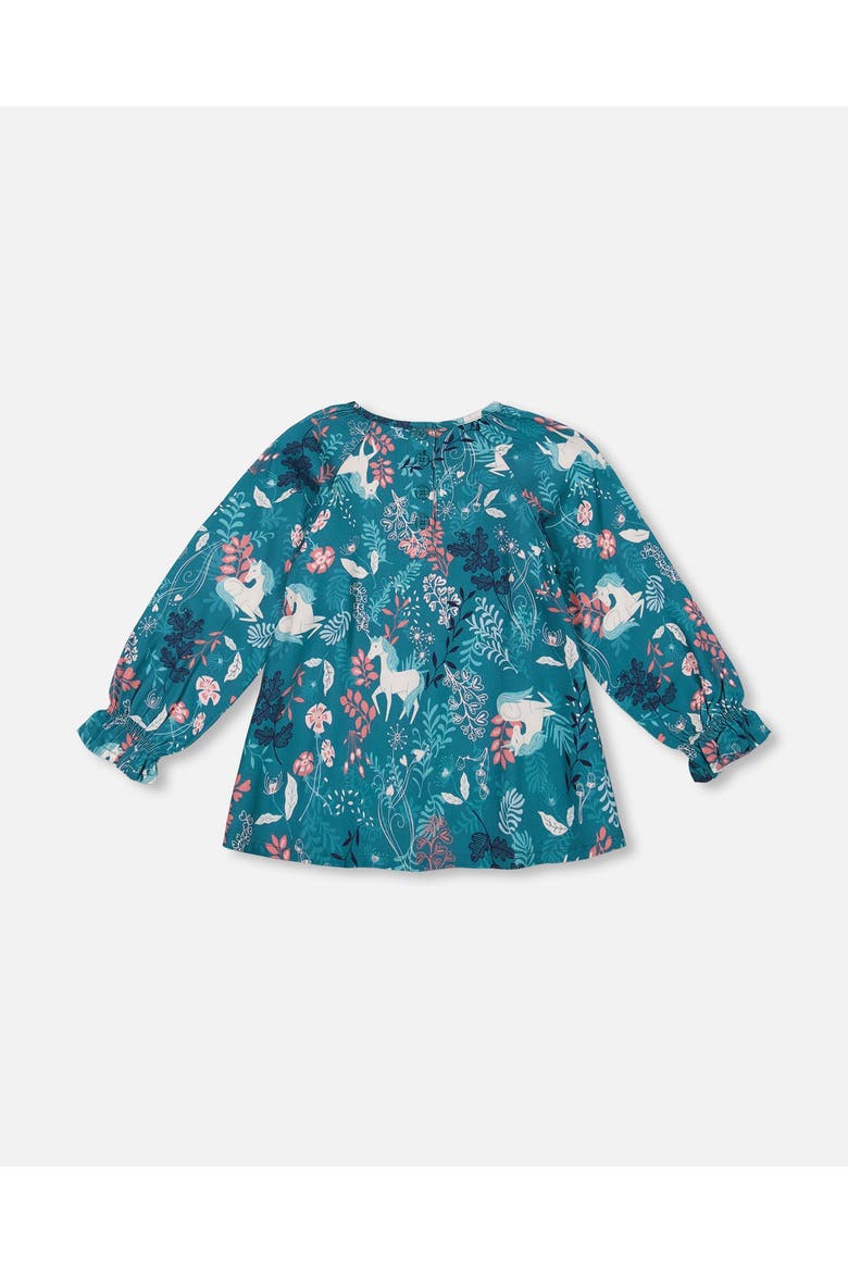 Girl's Long Sleeve Viscose Blouse Turquoise Printed Fairy Unicorn, Alternate, color, Unicorn In The Fields