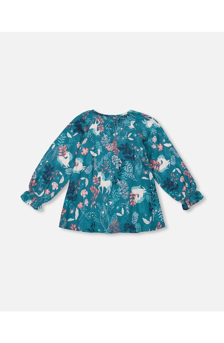 Deux par Deux Girl's Long Sleeve Viscose Blouse Turquoise Printed Fairy Unicorn, Alternate, color, 