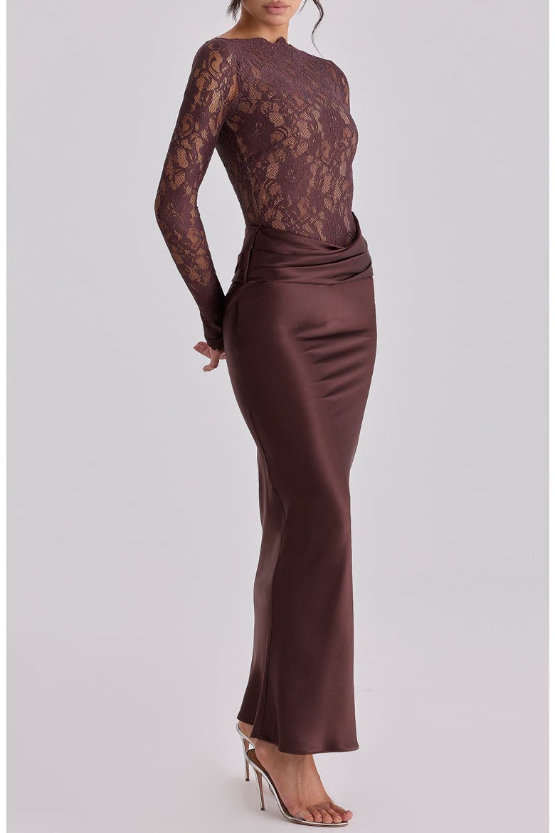 Yasmeen Long Sleeve Lace & Satin Two-Piece Gown, Alternate, color, BROWN