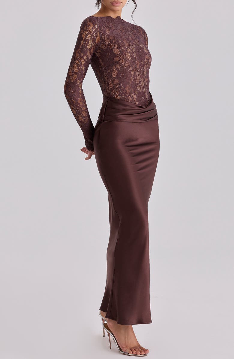 HOUSE OF CB Yasmeen Long Sleeve Lace & Satin Two-Piece Gown, Alternate, color, Brown