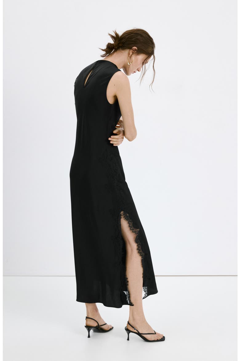 Lace Sleeveless Satin Maxi Dress, Alternate, color, BLACK