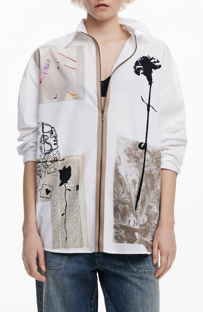 Desigual Relaxed Fit Zip Front Cotton Shirt, Main, color, 