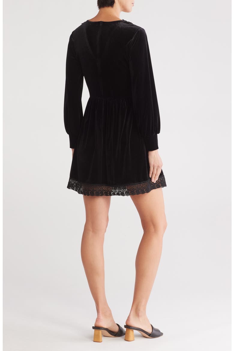 Lace Trim Long Sleeve Velvet Dress, Alternate, color, BLACK