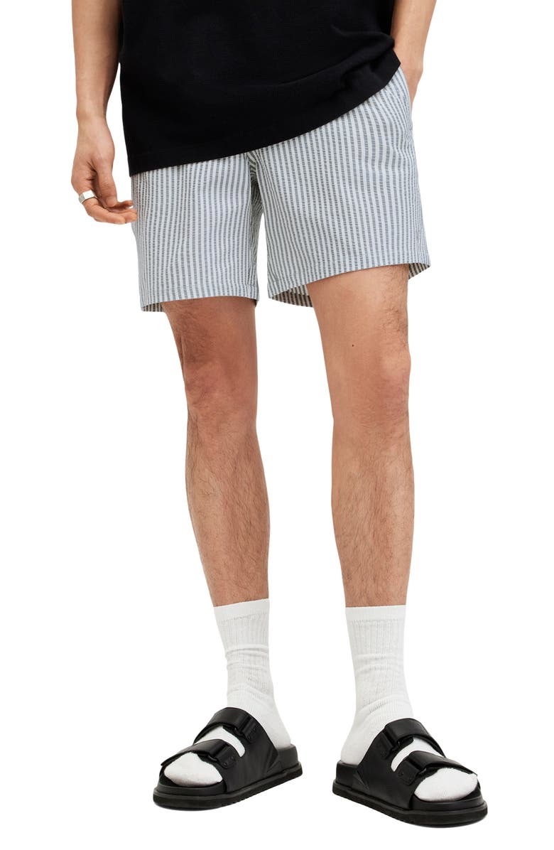AllSaints Warden Stripe Swim Trunks, Main, color, White/ Blue