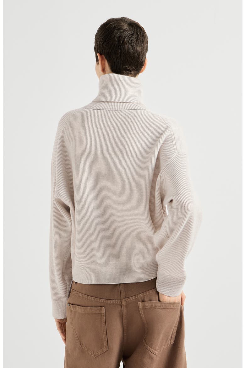 Virgin wool, cashmere and silk English rib turtleneck sweater, Alternate, color, Cool Beige