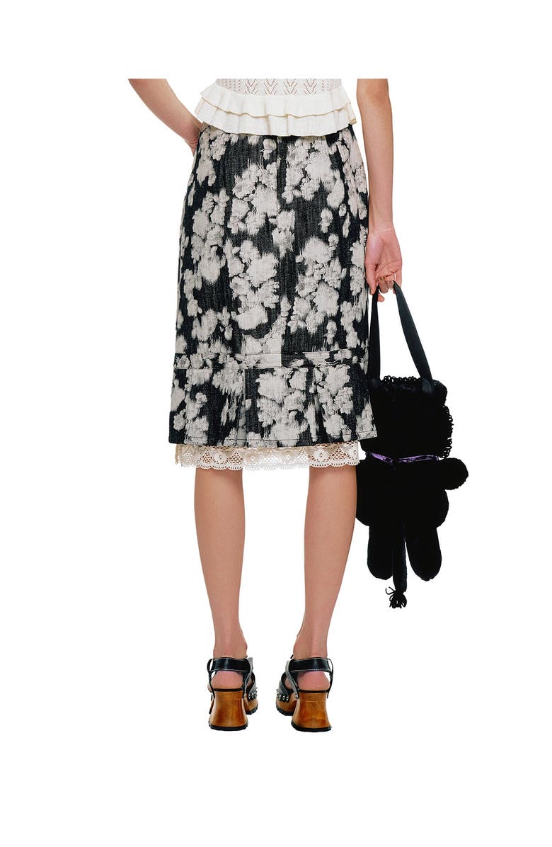 Anna Sui Rose Illusion Denim Lace Trimmed Skirt, Alternate, color, Black