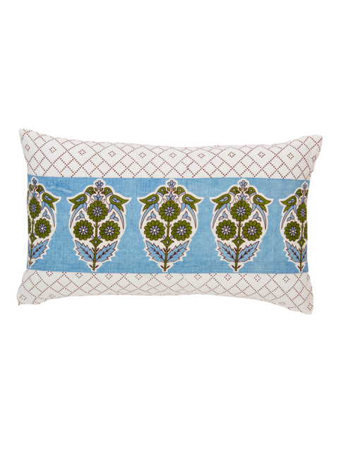 Alamwar Parakeets Blue/green Pillow Cover In Cornflower Blue/moss Green