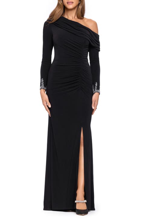 Ruched Beaded Cuff Long Sleeve Gown